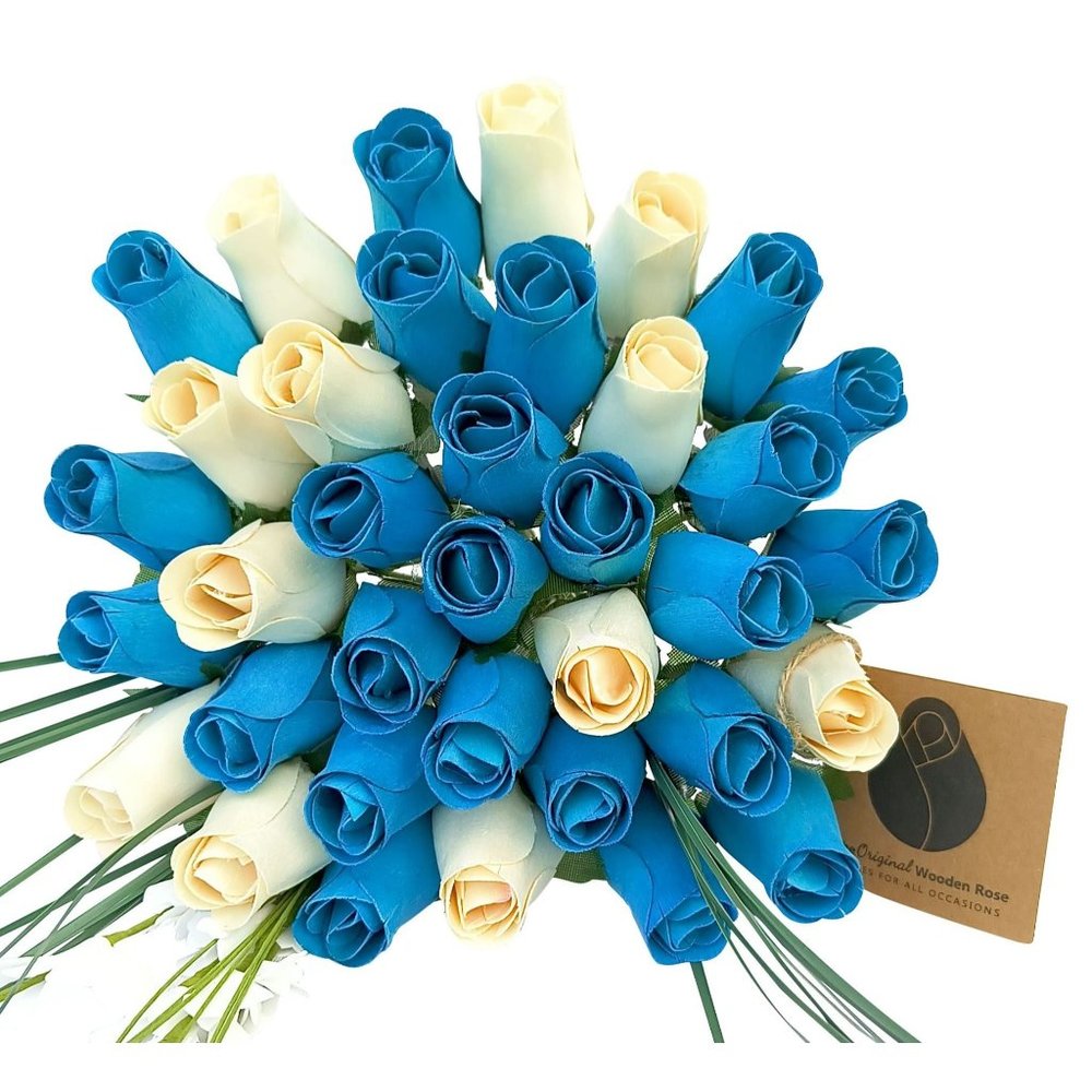 3 Dozen It's A Boy Light Blue and White The Original Wooden Rose Flower Bouquet